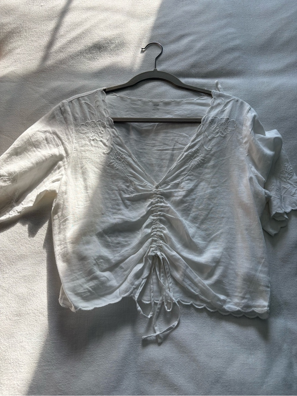 aerie White Ruched V-Neck Tie-Front Blouse